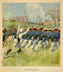 De oorlog in Madagaskar - Anecdotische geschiedenis van de Franse expedities van 1885-1895 door Henri Galli, geïllustreerd door Louis Bombled: Franse troepen tijdens de Antanamitarana-gevechten in 1895