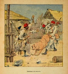 De Oorlog in Madagaskar-Anekdotische Geschiedenis van de Franse Expedities van 1885-1895 door Henri Galli alias Galllichet (1854-1922), geïllustreerd door Louis Bombled (1862-1927): Plundering van Tirailleurs in Boerderijen, Privécollectie