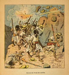 De oorlog in Madagaskar-Anekdotische geschiedenis van de Franse expedities van 1885-1895 door Henri Galli dit Galllichet (1854-1922), geïllustreerd door Louis Bombled (1862-1927): Terugtocht van de Hovas op Andriba, Privécollectie