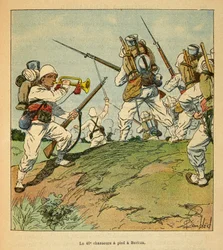 De oorlog in Madagaskar-Anekdotische geschiedenis van de Franse expedities van 1885-1895 door Henri Galli dit Galllichet (1854-1922), geïllustreerd door Louis Bombled (1862-1927): De 40e voetjagers tijdens de gevechten in Beritza in 1895, Privécollectie