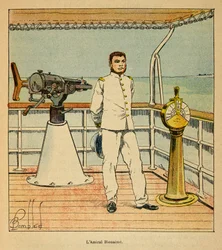 De oorlog in Madagaskar-Anekdotische geschiedenis van de Franse expedities van 1885-1895 door Henri Galli dit Galllichet (1854-1922), geïllustreerd door Louis Bombled (1862-1927): Portret van admiraal Bienaime (1843-1930), Privécollectie