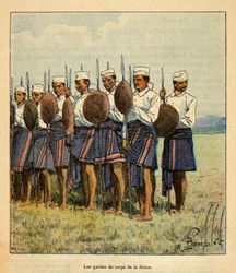 De oorlog in Madagaskar-Anekdotische geschiedenis van de Franse expedities van 1885-1895 door Henri Galli dit Galllichet (1854-1922), geïllustreerd door Louis Bombled (1862-1927): Wachten van koningin Ranavalona, Privécollectie