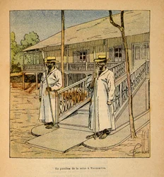 De Oorlog in Madagaskar-Anekdotische Geschiedenis van de Franse Expedities van 1885-1895 door Henri Galli, geïllustreerd door Louis Bombled: Het paviljoen van koningin Ranavalona in Tananarive in 1895, privécollectie