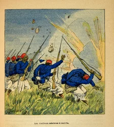 De Oorlog in Madagaskar-Anekdotische Geschiedenis van de Franse Expedities van 1885-1895 door Henri Galli, geïllustreerd door Louis Bombled: De Sakalave Tirailleurs tijdens de gevechten in Andriba in 1895, privécollectie