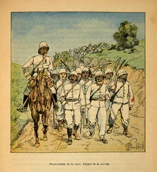 De oorlog in Madagaskar - Anecdotische geschiedenis van de Franse expedities van 1885-1895 door Henri Galli, geïllustreerd door Louis Bombled: Aanleg van een weg in Madagaskar, begin van de corvee