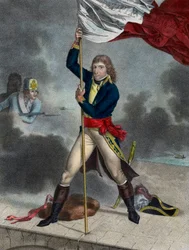 Napoleon Bonaparte tijdens de Slag bij de Brug van Arcole, november 1796 - Buonaparte Generaal en Chef van het Leger van Italië plant een vlag op de brug van Arcole in 1796 - gravure door Louis Charles Ruotte