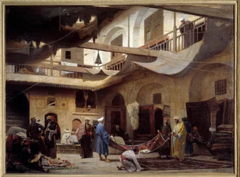 De tapijtbazaar in de Khan-Khabil in Caïro in 1866