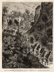 Een konvooi van kooplieden en hun dragers op weg naar Yunnan (China), gegraveerd naar de tekening van L.Delaporte, ter illustratie van de ontdekkingsreis in Indochina door Francis Garnier, luitenant van het schip, in 1866-1868, gepubliceerd in 
