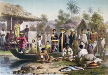 Annamese, Cambodjaanse en Siamese kostuums, hertekend door Janet Lange en gegraveerd door Eugene Ciceri, ca. 1870