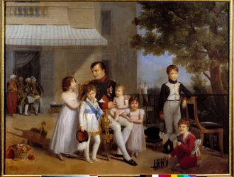 Keizer Napoleon I omringd door de kinderen van zijn familie op het terras van het kasteel van Saint Cloud in 1810