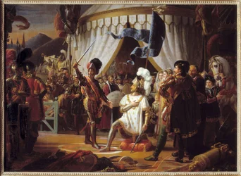 Francis I van Frankrijk vraagt om geridderd te worden door de Chevalier Bayard na de overwinning in de Slag bij Marignano, Italië, 1515
