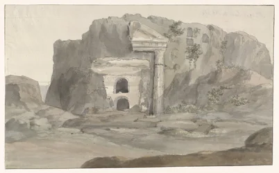 Graven met gevel in Dorische stijl in rots gehouwen in omgeving van Syracuse (Voyage en Italie, en Sicile et à Malte - 1778)