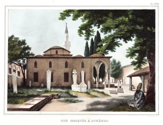 Een moskee in Athene - uit "Reis naar Athene en Constantinopel, of verzameling van Griekse en Ottomaanse portretten, uitzichten en kostuums, geschilderd op plaatsen van de natuur, lithografieën en kleuren door Louis Dupre (1789-1837), leerling van David. 1