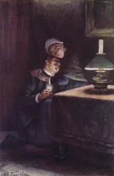 Zijn zware, wollige hoofd op haar knie, herinnerde hij zich de gelukkige avonden van zijn jeugd