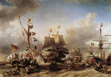 Anglo-Nederlandse Oorlog: Inscheping van de Nederlandse admiraal Michel Adrien Ruyter (1607-1676) en Willem de Witt voor de Slag bij Texel