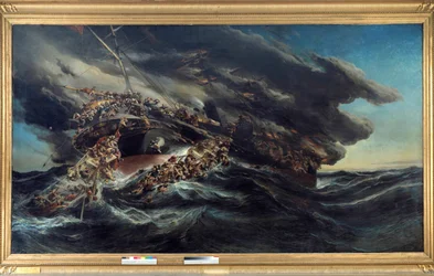 De brand van de stoomboot de Austria Scène schipbreuk van een schip de passagiers proberen te ontsnappen op de boten in de woeste zee. Schilderij door Eugene Isabey (1803-1886)