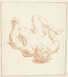 Studie van mannelijk naakt, liggend op de rug, in het verkort weergegeven