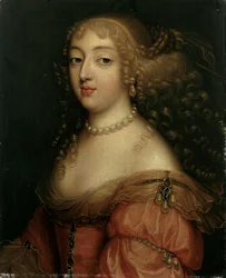 Portret van een dame, vermoedelijk Laura Mancini, hertogin van Mercoeur, buste lengte, in een rode jurk, met een parelketting en oorbellen