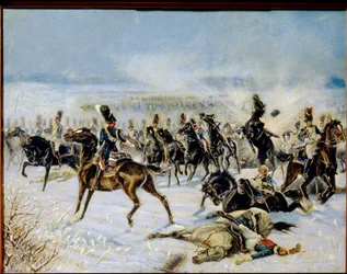 De slag bij Eylau, 20 februari 1807. Militaire confrontatie tussen het Franse Grande Armée van Napoleon I (1769-1821) en het Russische rijk.