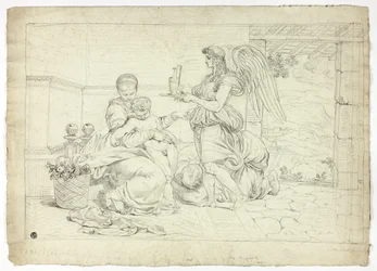 Heilige familie met engel die een waterkan draagt (recto); rechterhelft van schets voor Lunette (verso)