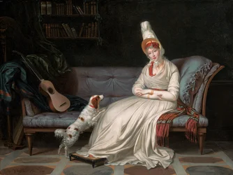 Portret van Elizabeth, Lady Webster, later Lady Holland, in een witte jurk met haar spaniël Pierrot, ca. 1795