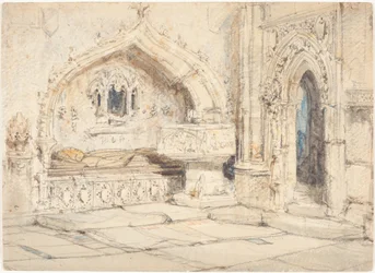 Interieur van een kerk met een wandgraf en een middeleeuws doopvont