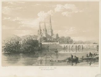 Lichfield Kathedraal - Zuidwestaanzicht: getinte lithografie, 1548
