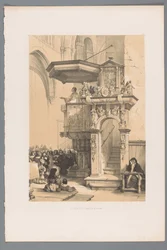 Priester spreekt een menigte aan vanaf de preekstoel in de Dom van Trier