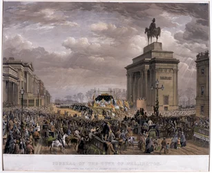 De begrafeniswagen van de hertog van Wellington (1769-1852) passeert de boog bij Apsley House op 18 november 1852, 1853
