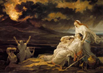 Herculaneum (23 augustus 79): de antieke stad die door de uitbarsting van de Vesuvius werd verwoest en de inwoners die op een heuvel hun toevlucht zochten - Schilderij van Louis Hector Leroux (1829-1900)