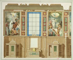 Detail van een van de kapellen onder de zijbeuken, uit het project om de kerk van Notre Dame de Lorette te versieren, 1855 kleuren litho