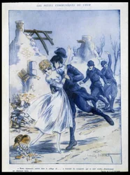 Soldaten die de stad binnenkomen, een vrouw kussend, 