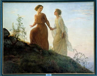 Het gedicht van de ziel; Op de berg beklimt een jonge vrouw, vergezeld door een muze, een berg in een lyrische sfeer. Schilderij van Louis Janmot (1814-1892), 19e eeuw. Lyon, Musée des Beaux-Arts