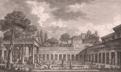 Ideale reconstructie van Villa van Diomedes in Pompeii naar de oorspronkelijke staat voor de vulkaanuitbarsting van de Vesuvius in 79 na Christus, Campania, Italië, ets naar tekening van Louis Jean Desprez (1743-1804)
