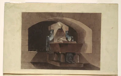 Tekening, Graf in Egyptische stijl met kariatiden en een leeuw, ca. 1779-84
