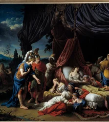 Dood van de vrouw van Darius. Dit werk, geïnspireerd door Rollins oude geschiedenis en de reeks Triomfen van Alexander van Le Brun, toont de Griekse keizer verzameld voor het lichaam van Darius