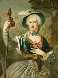 Portret van een dame, driekwart lengte, gekleed als pelgrim en met een blauw gevoerde strohoed en veer, 1747