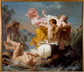 De ontvoering van Deianira door de centaur Nessus. Terwijl Herakles, vergezeld door zijn vrouw Deianira, de Evenos wil oversteken, biedt Nessus aan voor Deianira te zorgen. Herakles stemde toe, maar nadat hij de rivier was overgestoken, hoorde hij de