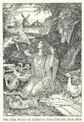 Het meisje ging door met het kammen en krullen van haar haar (litho)
