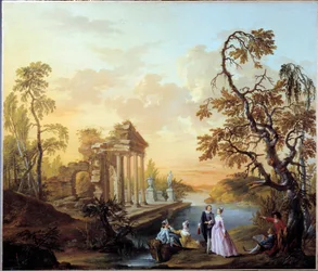 Hulde aan de liefde Romantische scène in een landschap van oude ruïnes bij schemering