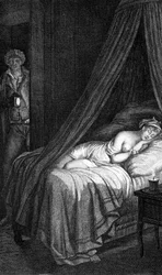 Gevaarlijke Verbintenissen van Choderlos de Laclos (brief 96). Valmont en Cécile de Volanges. Illustratie gegraveerd door Masquelier naar Mademoiselle Gérard.