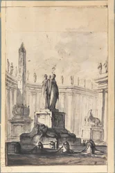 Architecturale fantasie met fontein en obelisk