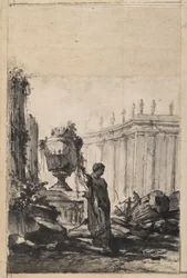 Architecturale fantasie met vaas, herm en zuilengalerij