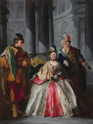 Drie figuren gekleed voor een maskerbal
