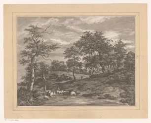 Boslandschap met herder bij een vijver