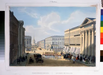 De Politiebrug in Sint-Petersburg, uitzicht op de Nevsky Prospekt vanaf het Stroganov Paleis