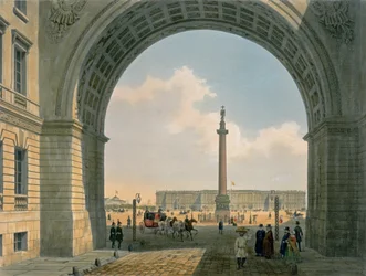 Paleisplein, Uitzicht vanaf de Boog van het Legerhoofdkwartier, St. Petersburg, gedrukt door Lemercier, Parijs, 1840s