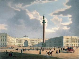 De Alexanderzuil en het Legerhoofdkwartier in Sint-Petersburg, gedrukt door Lemercier, Parijs, 1840s