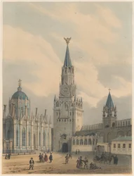 De Spasskaya Toren Verlosser Poorten en Sint-Catharina Kerk van het Hemelvaartklooster in het Kremlin van Moskou