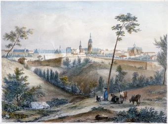 Bouvier op het Bretonse platteland (Dinan in de verte) - lithografie door Jacottet en Benoist